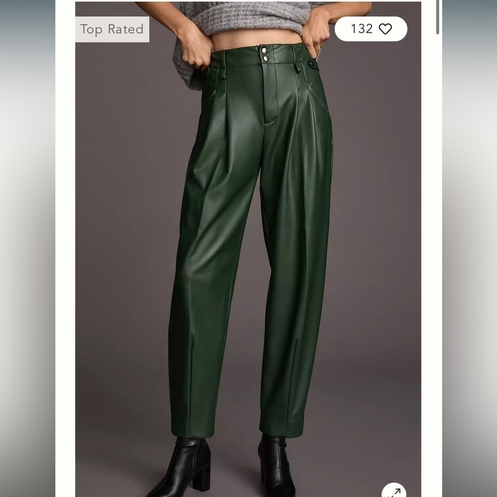 NWT Anthropologie Maeve Faux Leather Pleated Taper Pant Size 4 Dark Green